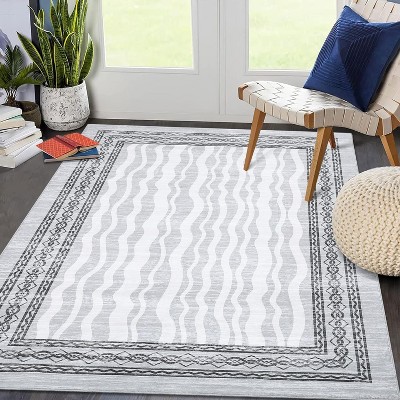 Fulvari Washable Hallway Runner Rug Modern Bordered Print Rugs Non-Slip Indoor Runners for Entryway Low Pile Area Rug Kitchen Waterproof