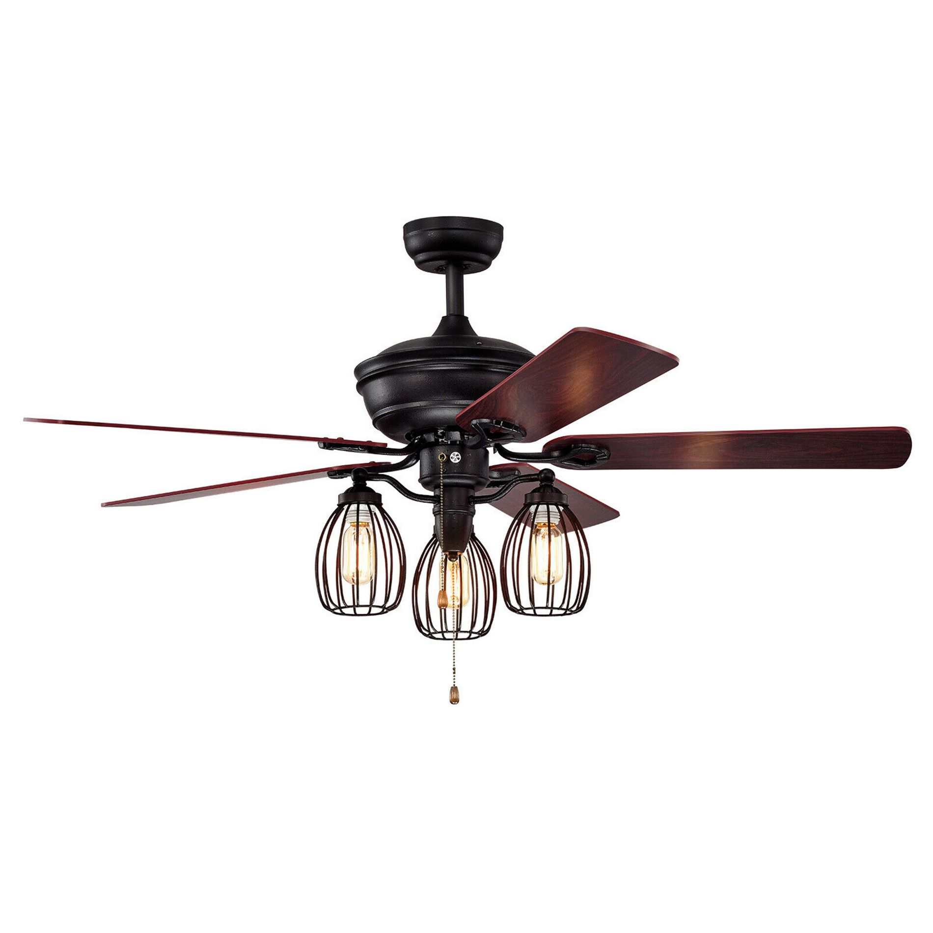 Tangkula 52" Ceiling Fan with Lights, 5 Iron Blades & 3 Cage Lights, Noise-Free Motor with Reversible Function