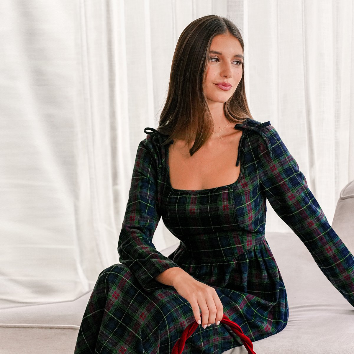 Женские платья Cupshe Women's Elegant Tartan Plaid Midi Dress with Puff Sleeves-L-Green — фото 4