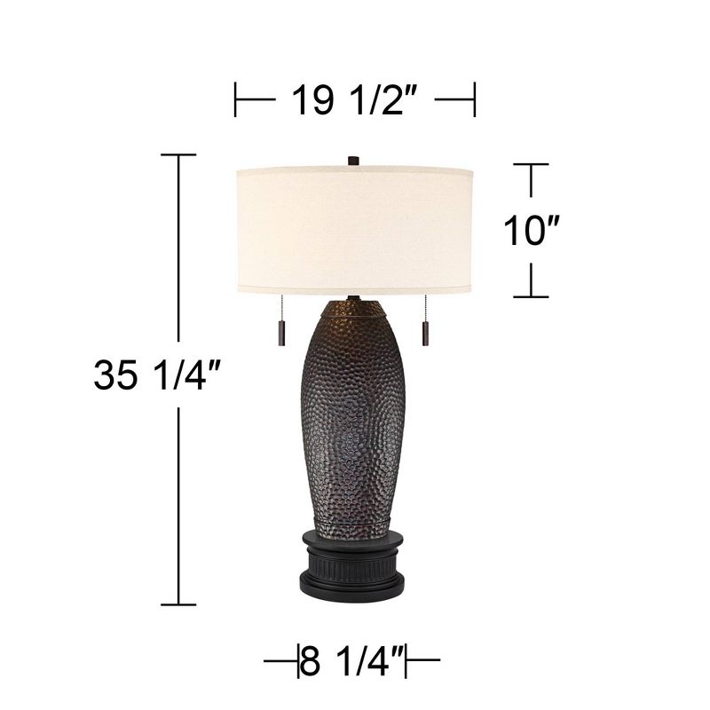 Franklin Iron Works Noah Rustic Farmhouse Table Lamp with Riser 35 1/4" Tall Hammered Bronze 2 Light Oatmeal Drum Shade for Bedroom Living Room Office, 4 of 7
