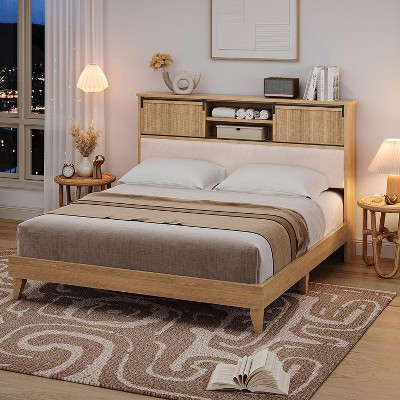 TackView Rattan Bed Frame with Shelves, Boho Bed Frame with Shelf Headboard Sliding Door