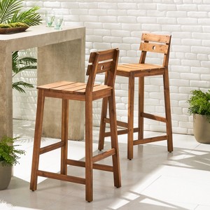 HDZNVF Set of 2 Acacia Wood Bar Stools, Teak finish - 1 of 4