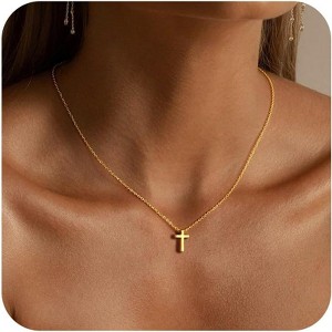 Dainty Cross Pendant Necklace 14K Gold Plated Christian Faith Gift for Teens 02-Perforated Cross - 1 of 4