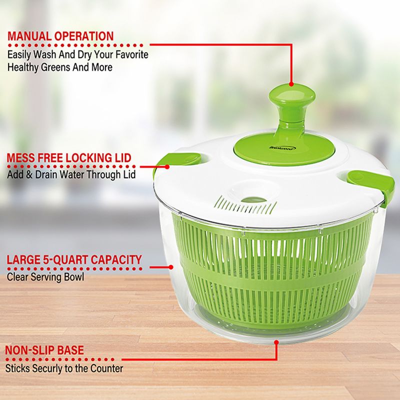 Brentwood 5 Quart Salad Spinner with Serving Bowl in Green, 2 of 7