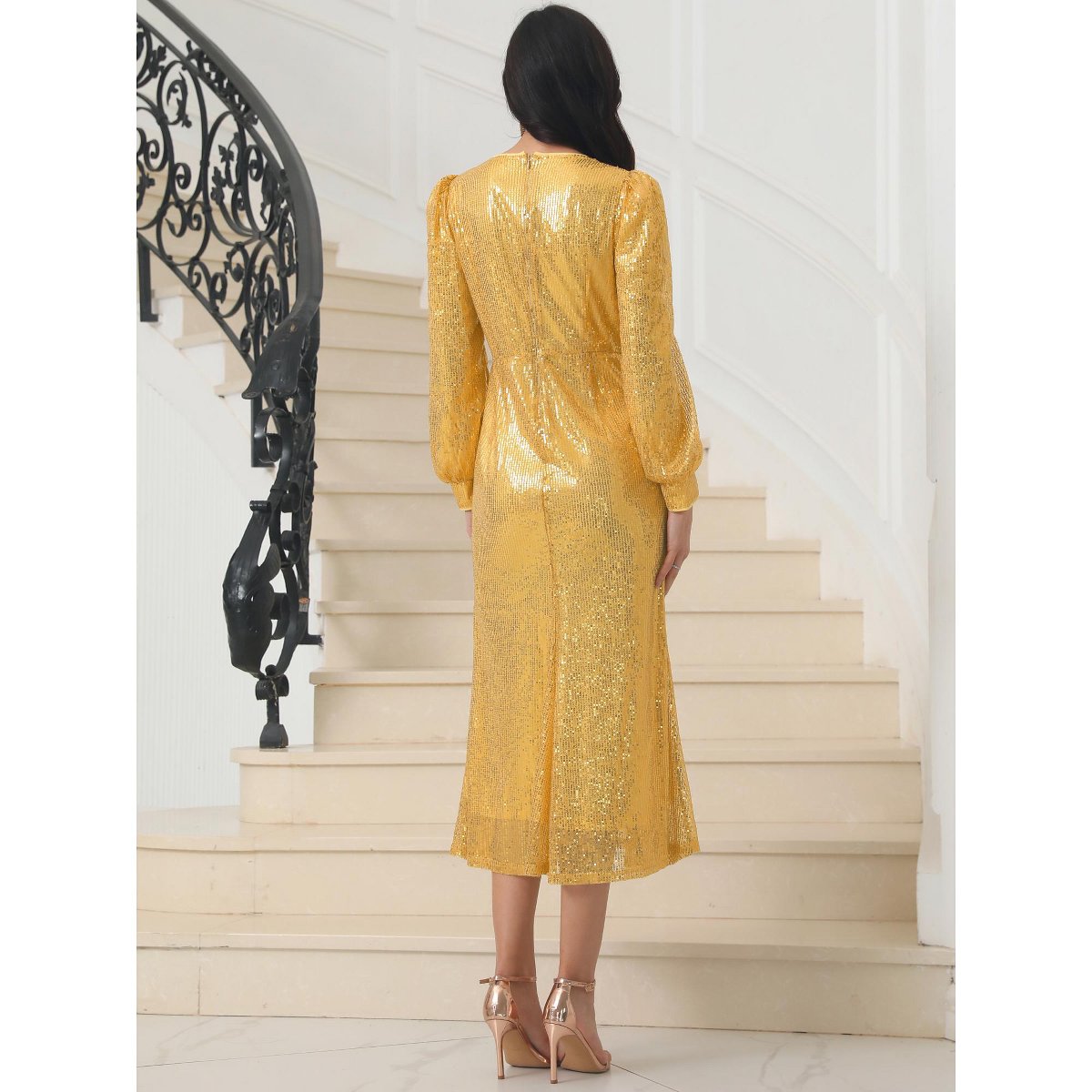 Женские платья INSPIRE CHIC Women's Long Sleeve V-neck Dresses Gold Small — фото 4