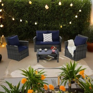 4-Piece Outdoor Patio Rattan Conversation Sofa Set with Tempered Glass Coffee Table - 1 of 4