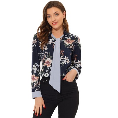 INSPIRE CHIC Women's Floral Turn Down Collar Contrast Tie V Neck Long Sleeve Elegant Work Blouse Top Shirts