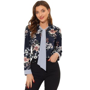 INSPIRE CHIC Women's Floral Turn Down Collar Contrast Tie V Neck Long Sleeve Elegant Work Blouse Top Shirts - 1 of 4