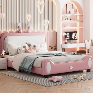 Full Size Platform Bed Frame With Rabbit Shape Upholstered Headboard And Footboard, 10 Wooden Slats Support, White+Pink - 1 of 4