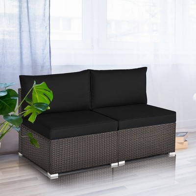 Costway 2PCS Patio Rattan Armless Sofa Sectional Furniture Conversation W/Black Cushion