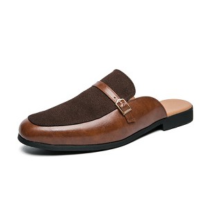 Santimon Men's Suede Mules Slip-On Leather Formal Casual Buckle Straps Open Back Clogs Brown - 1 of 4