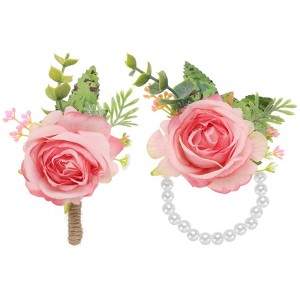 Unique Bargains Fabric Artificial Wedding Rose Flowers Wrist Corsage and Boutonnieres 2 Pcs - 1 of 4