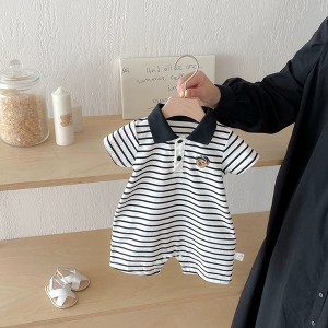 MyKids-Usa Summer Arrival Baby Boys Teddy Bear Pattern Short Sleeves Rompers with Turn-down Collar - 1 of 4