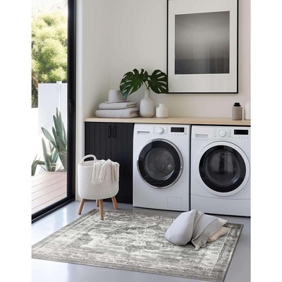 Gray and Light Gray Synthetic Square Area Rug