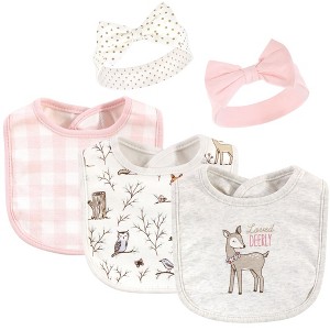 Hudson Baby Infant Girl Cotton Bib and Headband Set 5pk, Enchanted Forest, One Size - 1 of 2
