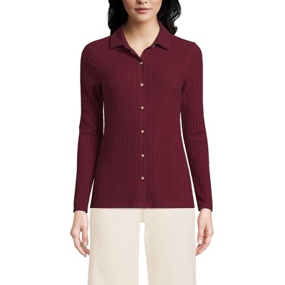 Lands' End Women's Long Sleeve Wide Rib Button Front Polo
