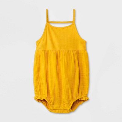 Baby Girls' Ribbed Gauze Romper - Cat & Jack™ Mustard Yellow Newborn