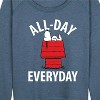 Women's - Peanuts - Lazy Snoopy and Woodstock on Rainbow Lightweight French Terry Wide Neck Long Sleeve Shirt - 2 of 4