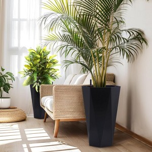 Acekool Set of 2 Self-Watering 16" Tall Planters with Wheels, Water Level Monitor, Large Indoor Outdoor Flower Pots, Drainage, Black - 1 of 4