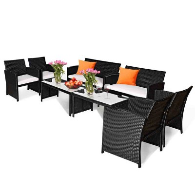 Tangkula 8PCS Rattan Patio Conversation Set Outdoor w/ Coffee Table Cushioned Sofa