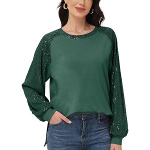 Anna-Kaci Women's Casual Sequin Ballon Long Sleeve Blouse Loose Round Neck Matching Top Party - 1 of 4