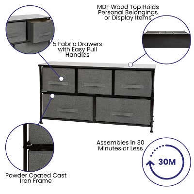 Gray and Black 5-Drawer Cast Iron Frame Storage Dresser