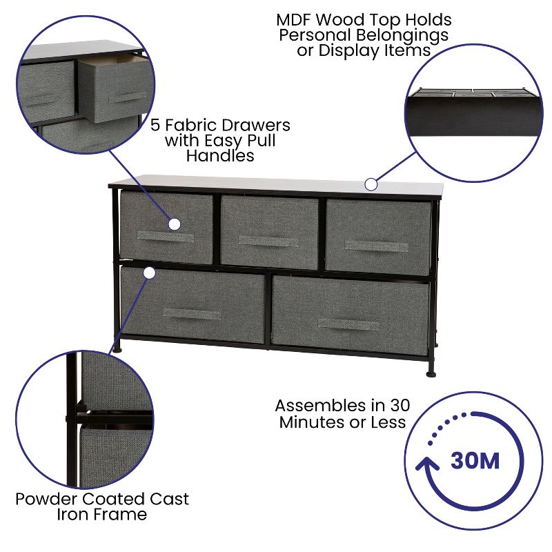 Emma and Oliver 5 Drawer Storage Chest with Wood Top & Dark Fabric Pull Drawers, 3 of 10