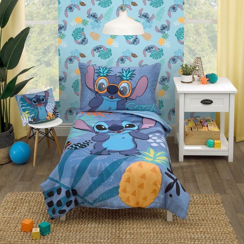 Disney Stitch Weird But Cute Blue, Teal and Coral 4 Piece Toddler Bed Set - Comforter, Fitted Bottom Sheet, Flat Top Sheet, and Reversible Pillowcase, 1 of 7