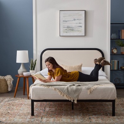 Black Metal Bed Frame with Rounded Upholstered Headboard