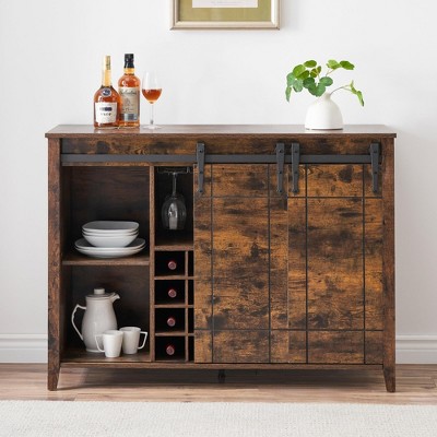 Bar Cabinet, 47" Buffet Server Sideboard with Sliding Barn Doors, Farmhouse Storage Cabinet Cupboard Table