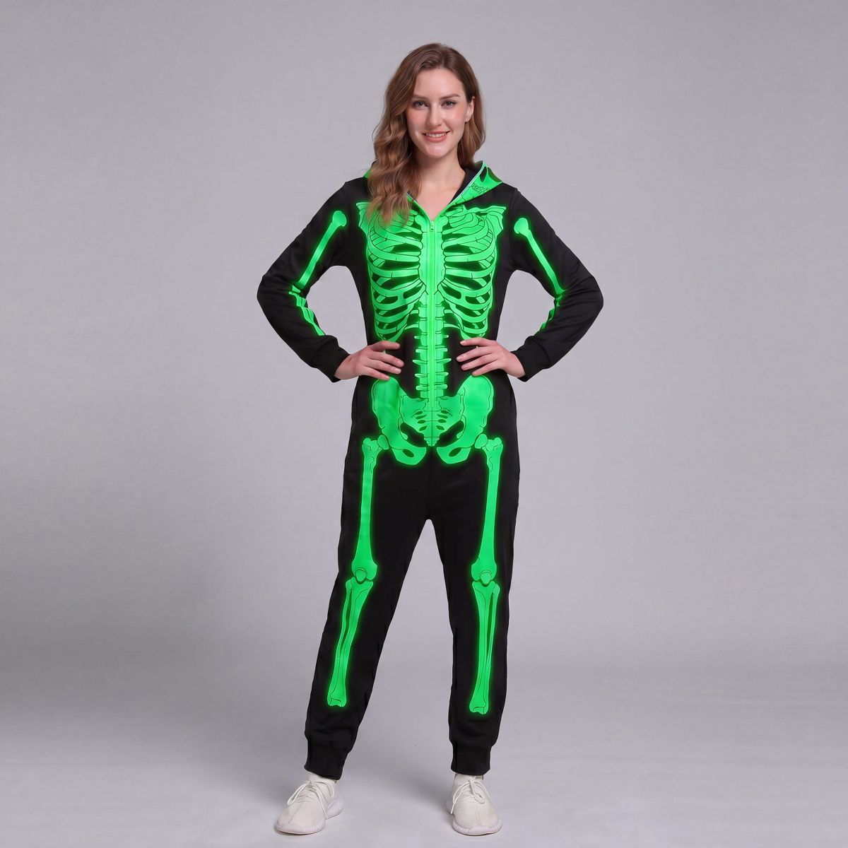 Joyfy Halloween Skeleton Pajama Glow-in-the-Dark Skeleton Costume Jumpsuit Adult Women for Halloween Cosplay Party