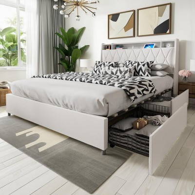 Full Platform Bed Frame with Faux Leather Headboard & 4 Storage Drawers ...