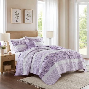 Okak 5-Piece Purple Seersucker Daisy Pattern Bed Comforter Set with Throw Pillow,Comfortable Coverlet Bedding Sets,Farmhouse Style - 1 of 4