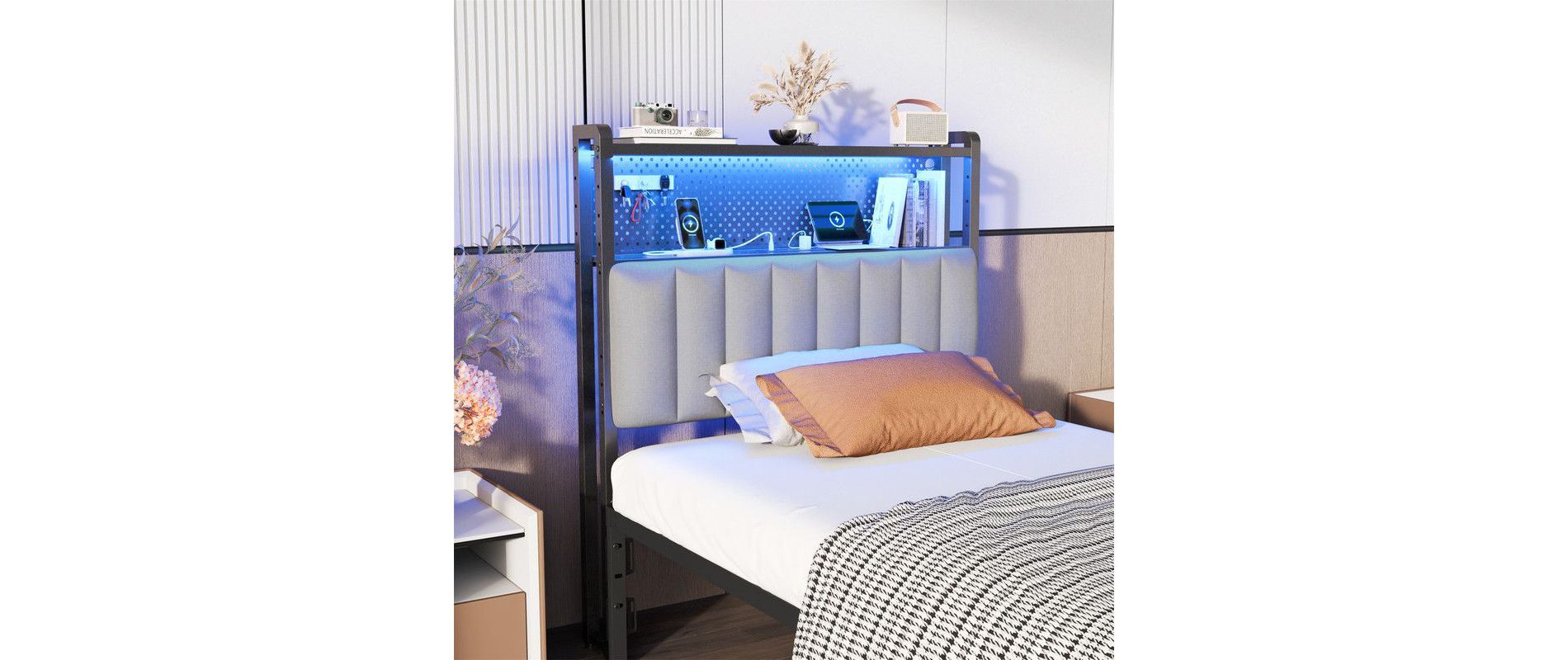 Karl Home Twin Full Queen King Size Headboard, Adjustable Upholstered Headboard with 2 Tier Shelves and Pegboard with Charging Stations and LED Lights