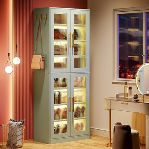 Tribesigns 8-Tier Tall Shoe Storage Cabinet with Acrylic Doors and LED Lights, with Adjustable Shelves and Hanging Hooks for Hallway, Mint Green - 1 of 4