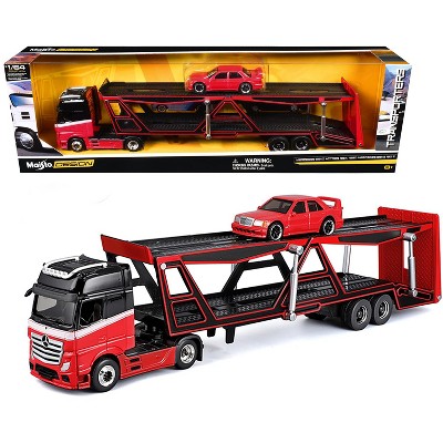 Mercedes-Benz Actros Open Car Hauler Red and Black with White and 1990 Mercedes-Benz 190E Red 1/64 Diecast Models by Maisto