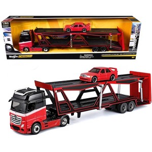 Mercedes-Benz Actros Open Car Hauler Red and Black with White and 1990 Mercedes-Benz 190E Red 1/64 Diecast Models by Maisto - 1 of 3