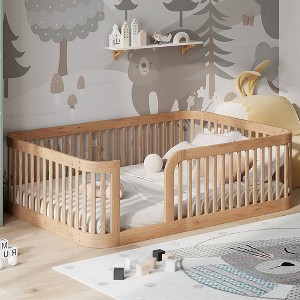 Twin/Full Size Wood Platform Bed Frame with Fence and Rounded Corners, White/Natural-ModernLuxe - 1 of 4
