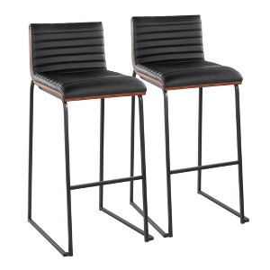 30" Faux Leather Padded Contemporary Barstool with Wood Back and Metal Base for Kitchen Island or Home Bar, Set of 2 - 1 of 4
