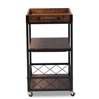 Capri Rustic Oak and Black Metal Mobile Bar Cart with Wine Storage