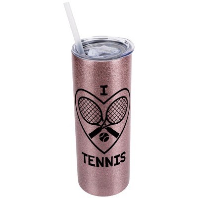 Elanze Designs Bubblegum Pink 20 Ounce Double Wall Stainless Steel Glitter Travel Tumbler With Sliding Lid And Straw, I Love Tennis