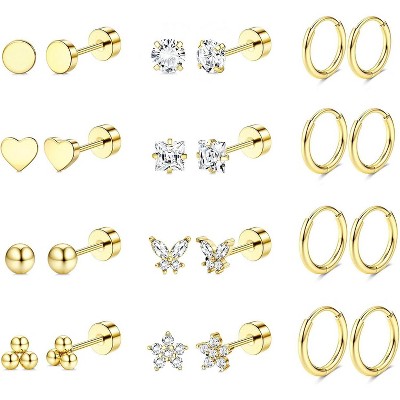 Jstyle Surgical Steel Earrings for Sensitive Ears 14K Gold Flat Back Earrings for Women Men Small Stainless Steel Earrings