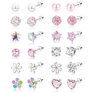 12-Pair Hypoallergenic Screw Back Earrings - Surgical Steel with Heart, CZ, Flower & Pearl - 1 of 4