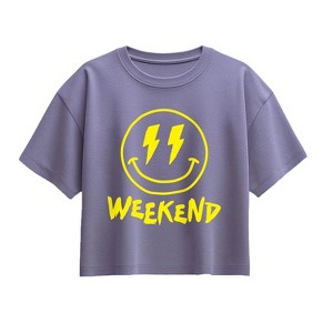 Girls' - Instant Message - Weekend Smile Face Short Sleeve Boxy Graphic T-Shirt - 1 of 3