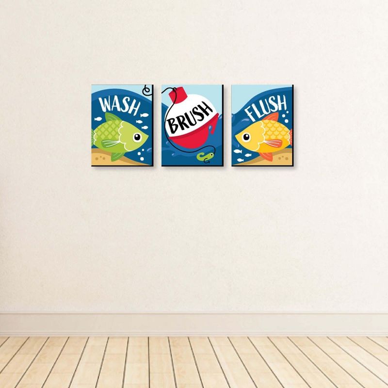Big Dot of Happiness Let's Go Fishing - Fish Themed Kids Bathroom Rules Wall Art - 7.5 x 10 inches - Set of 3 Signs - Wash, Brush, Flush, 4 of 8