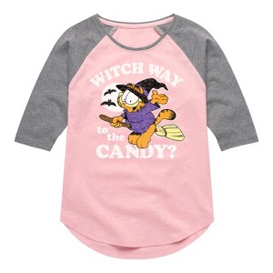 Girls' - Garfield - Witch Way To The Candy Shirt Tail Raglan Graphic T-shirt - 1 of 3