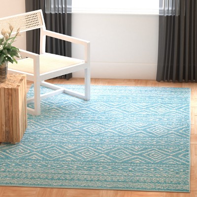 Turquoise and Ivory Geometric Synthetic Square Area Rug, 80" x 80"