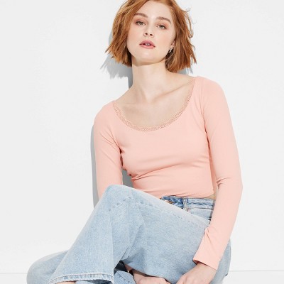 Women's Long Sleeve Lace Trim Open Back Top - Wild Fable™