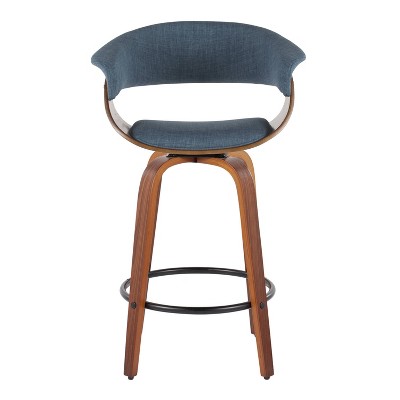 Set of 2 Blue Walnut Swivel Counter Stools with Black Metal Footrest