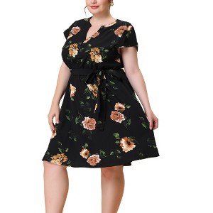 Agnes Orinda Women's Plus Size Casual Floral Tie Waist Short Sleeve Knee Length A Line Dresses - 1 of 4